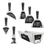 Columbia hand tool set with joint knives, mud pan, clipped knife, pointed knife, and multi-tool, made of stainless steel with black nylon handles