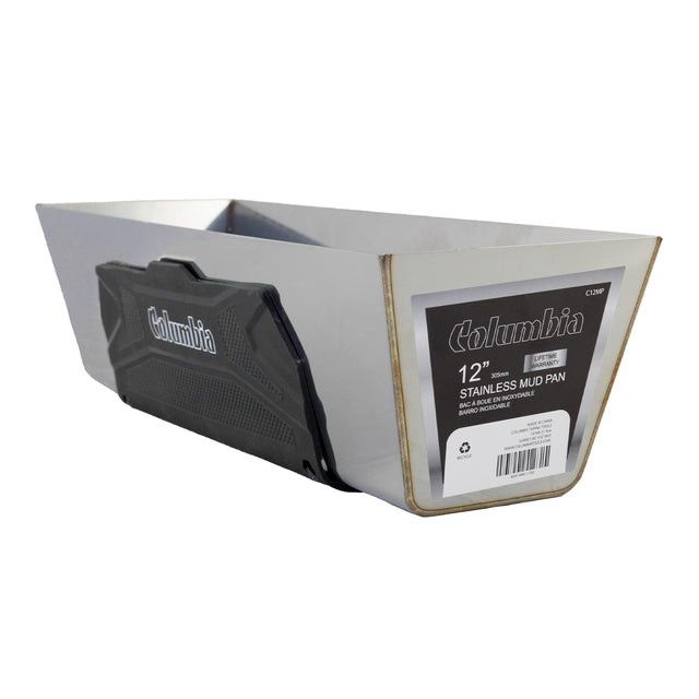 12-inch heavy-gauge stainless steel Columbia Mud Pan with laser-welded seams and a black soft non-slip rubber grip