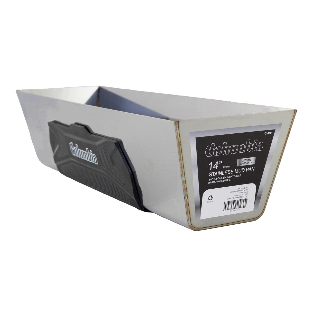 14-inch heavy-gauge stainless steel Columbia Mud Pan with laser-welded seams and a black soft non-slip rubber grip