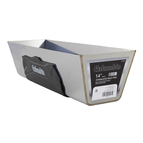 14-inch heavy-gauge stainless steel Columbia Mud Pan with laser-welded seams and a black soft non-slip rubber grip