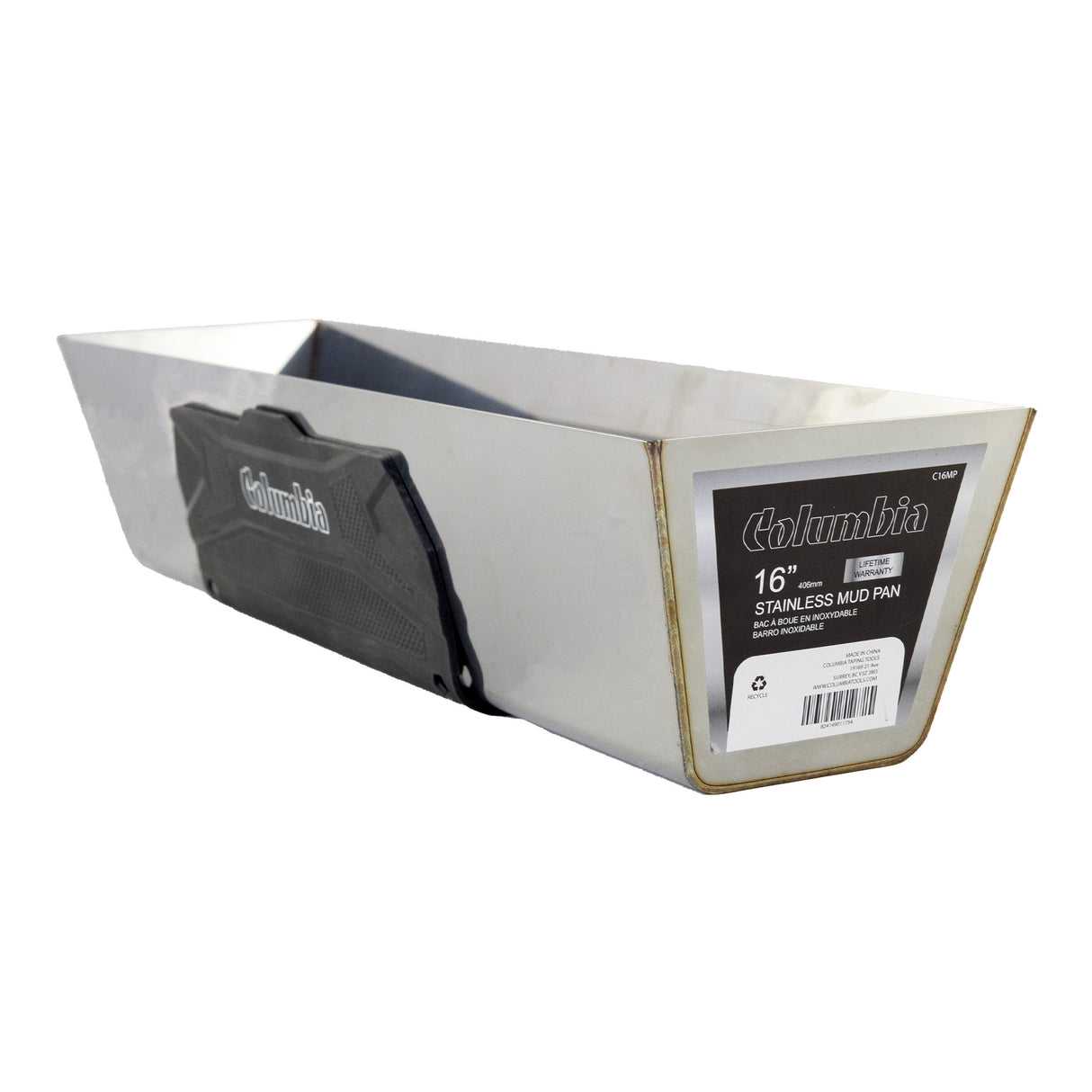 16-inch heavy-gauge stainless steel Columbia Mud Pan with laser-welded seams and a black soft non-slip rubber grip