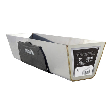 16-inch heavy-gauge stainless steel Columbia Mud Pan with laser-welded seams and a black soft non-slip rubber grip