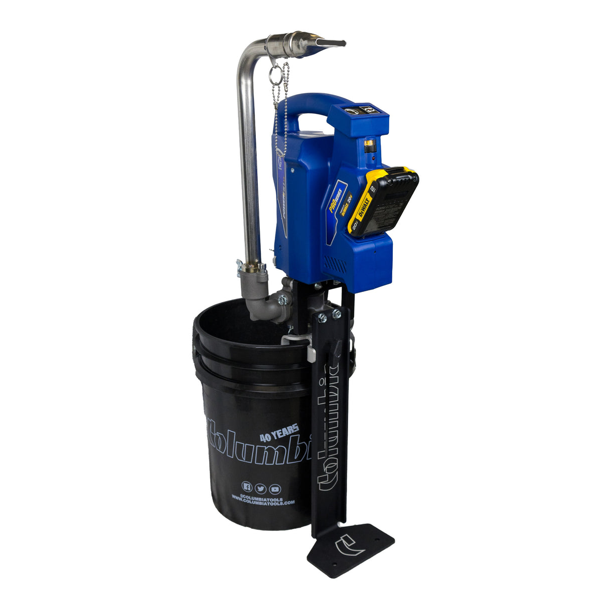 Columbia Cordless Loading Pump with a black foot bracket and stabilizer arm, aluminum body, and a blue power head attached, inside a black Columbia bucket