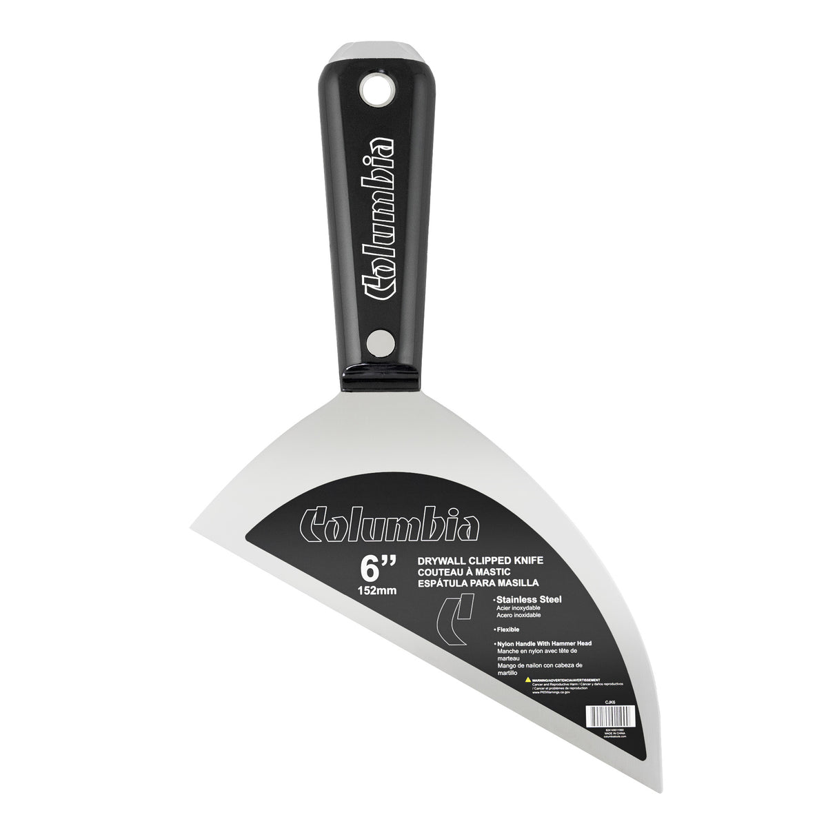 6-inch Columbia Clipped Knife with stainless steel blade and black nylon handle with steel hammer head