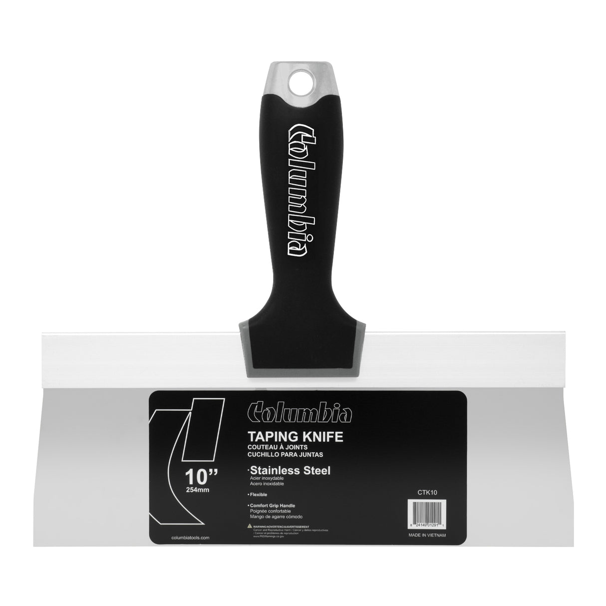 10-inch Columbia taping knife with stainless steel blade and black rubber grip handle