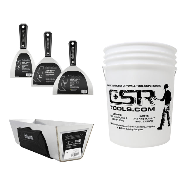 Columbia hand tool set including one-piece stainless steel joint knives, mud pan with black rubber grip, and white 5-gallon bucket