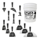 Columbia hand tool set including 8 stainless steel joint knives with black nylon handles and a white 5-gallon bucket