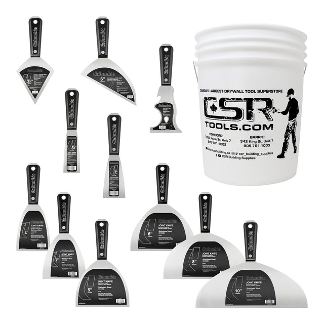 Columbia hand tool set including 8 stainless steel joint knives with black nylon handles and a white 5-gallon bucket