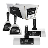 Columbia stainless steel hand tool set including 5-inch and 6-inch 3-way knives, 10-inch and 12-inch taping knives, and mud pan