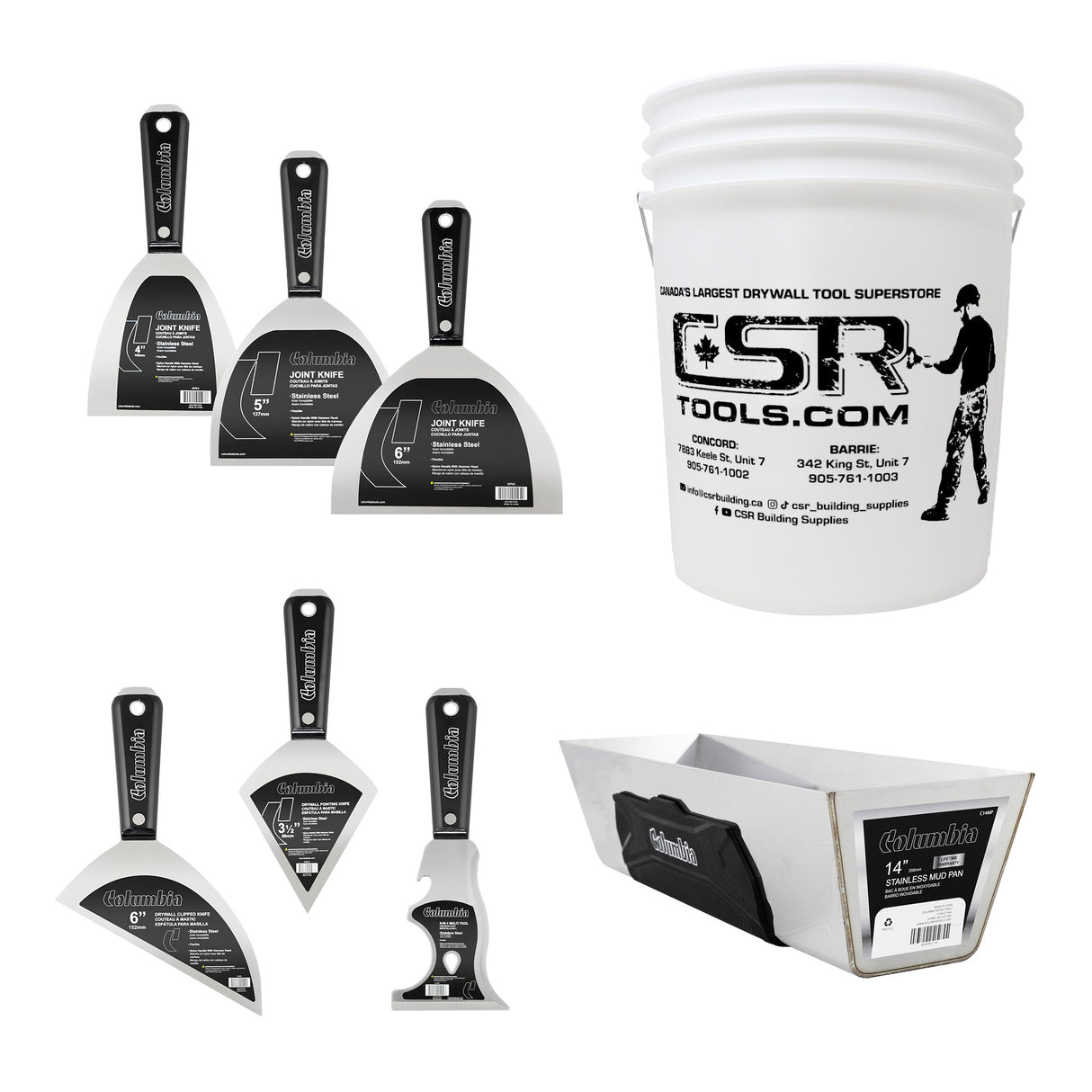Columbia stainless steel hand tool set including 4-inch, 5-inch and 6-inch joint knives, specialty knives, mud pan, and 5-gallon bucket