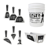 Columbia stainless steel hand tool set including 4-inch, 5-inch and 6-inch joint knives, specialty knives, mud pan, and 5-gallon bucket