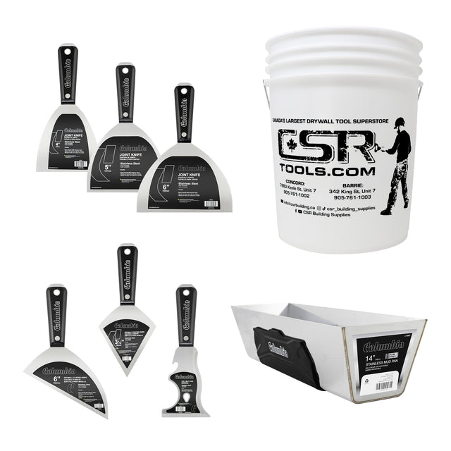 Columbia stainless steel hand tool set including 4-inch, 5-inch and 6-inch joint knives, specialty knives, mud pan, and 5-gallon bucket