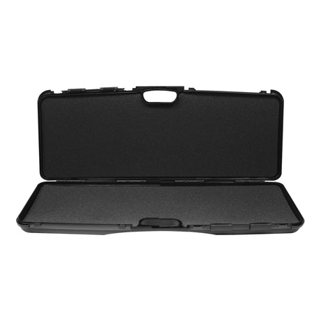 Open 33-inch black polymer Columbia Mud Roller Case with flat black foam interior
