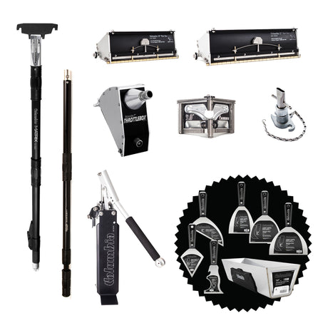 Columbia automatic taping set including handles, box filler, flat boxes, throttle box, angle head, mud pump, and bonus joint knives and mud pan