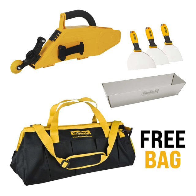 TapeTech semi automatic taping set including a taping banjo, 3 joint knives, mud pan, and free tool bag