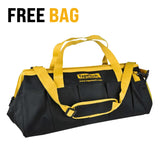 Black 22-inch TapeTech Gate Mouth Utility Bag with yellow handles, shoulder strap, and zipper, quarter view