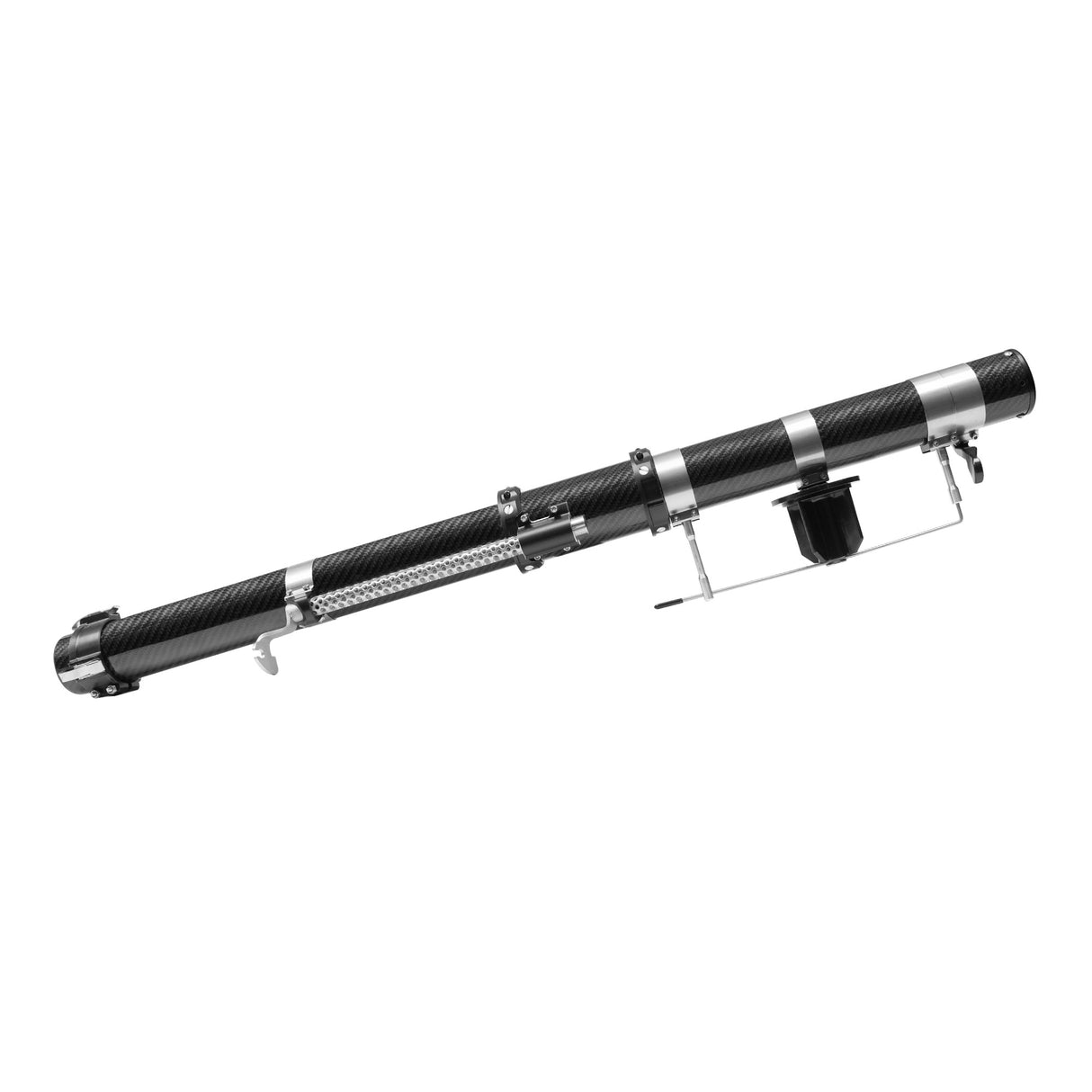 Black carbon fiber Columbia One Predator Automatic Taper body with stainless steel side plates and cable drum, side view