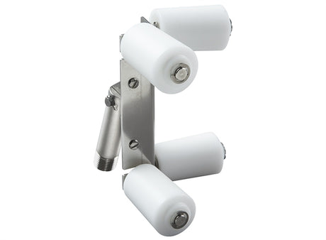 Side view of TapeTech 17TT Outside Corner Roller with grey body and 4 white wheels