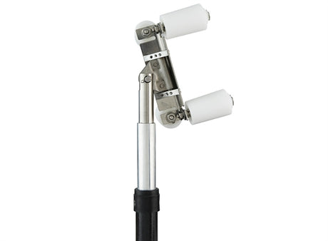 TapeTech 17TT Outside Corner Roller with grey body and white wheels attached to a handle, side view
