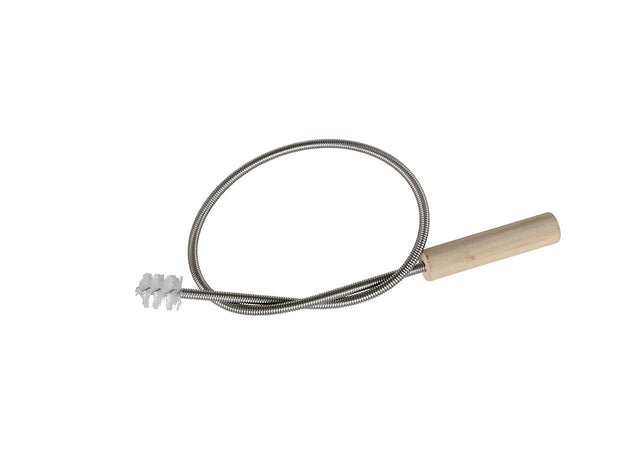 TapeTech Gooseneck Cleaning Brush with flexible wire shaft, white brush, and wooden handle twisted in a knot