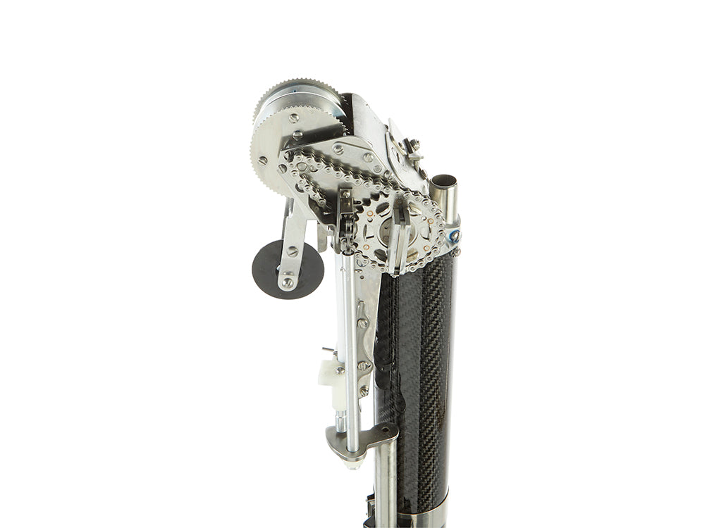 Close-up of TapeTech 07TT-C EasyClean Carbon Fiber Automatic Taper head with stainless steel cutting blade and black creaser wheel, right side