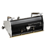 10-inch Columbia Automatic Fat Boy Finishing Box made from billet aluminum with a black painted finish, steel components, a brass blade holder, and wheels