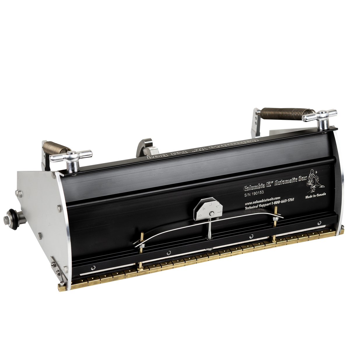 12-inch Columbia Automatic Fat Boy Finishing Box made from billet aluminum with a black painted finish, steel components, a brass blade holder, and wheels