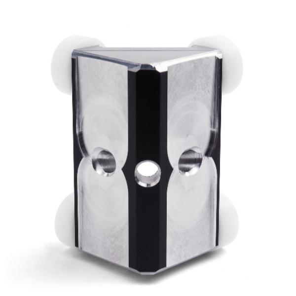 Columbia Two Way Internal Corner Applicator made from solid aluminum billet with black finishing details and 4 white Delrin wheels, front view