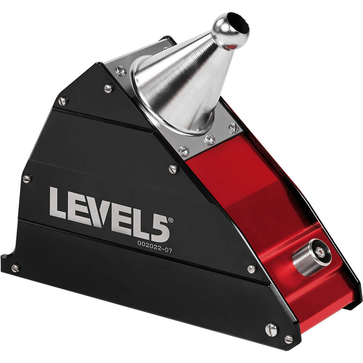7-inch Level 5 Corner Applicator with red and black aluminum housing and a steel cone, left side