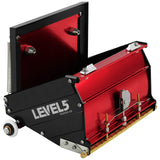 Open 7-inch Level 5 MEGA Flat Box with red aluminum housing, black side panels, brass blade holder, and white rubber wheels