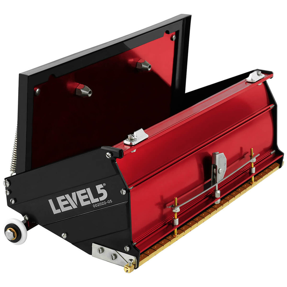 Open 12-inch Level 5 MEGA Flat Box with red aluminum housing, black side panels, brass blade holder, and white rubber wheels
