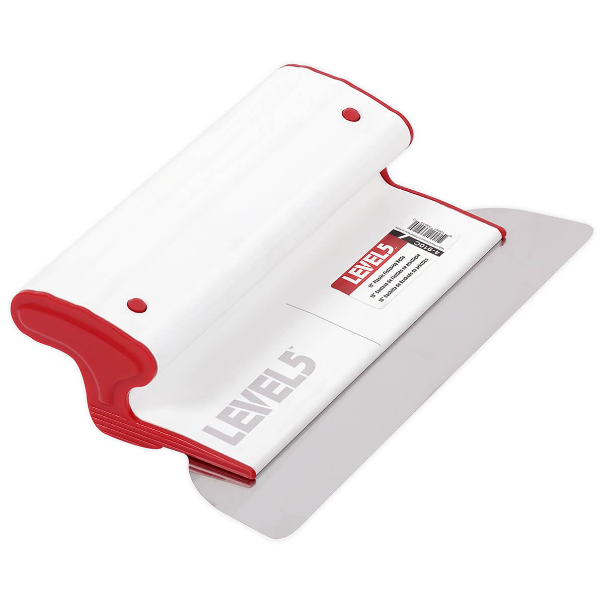 10-inch Level 5 Composite Skimming Blade with a stainless steel blade, red composite end caps, and a white plastic body