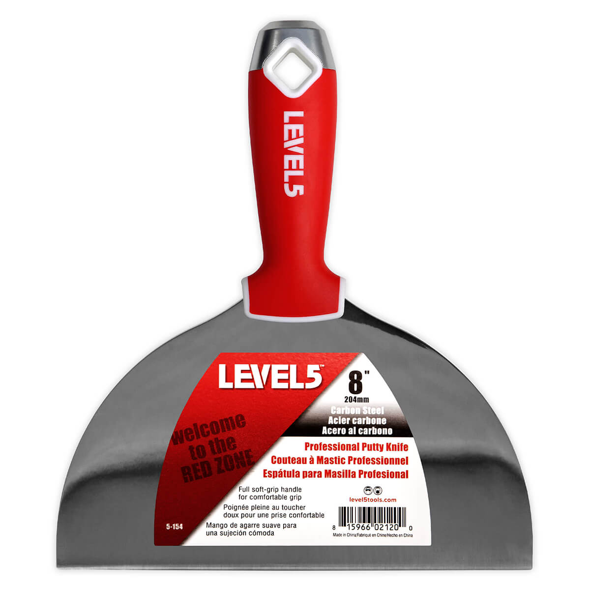 8-inch Level 5 Carbon Steel Joint Knife with carbon steel blade, red soft-grip handle, metal hammer end, and hang hole