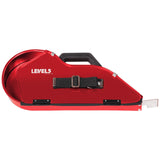 Level 5 Semi-Automatic Drywall Banjo with red aluminum body, black adjustable hand strap, latches, and soft-grip top handle