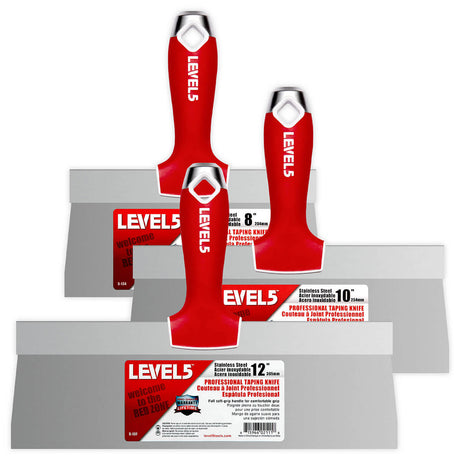 Level 5 hand tool set including 8-inch, 10-inch, and 12-inch taping knives with stainless steel blades and red-soft grip handles