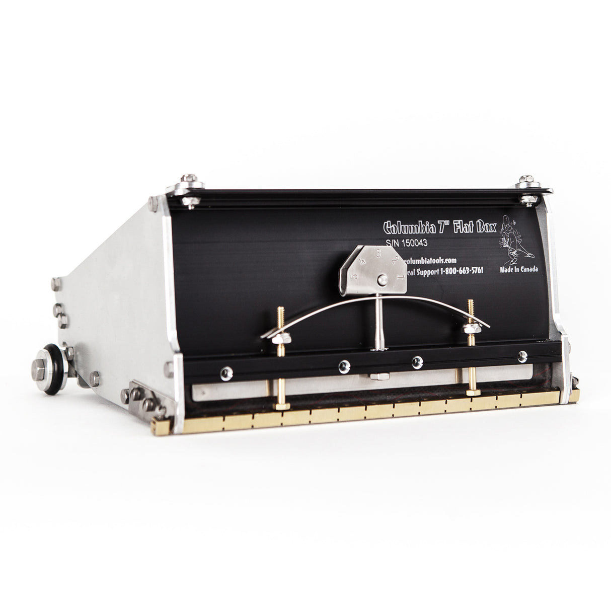 7-inch Columbia Flat Finishing Box made from billet aluminum with a black painted finish, steel components, a brass blade holder, and wheels