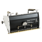 8-inch Columbia Automatic Fat Boy Finishing Box made from billet aluminum with a black painted finish, steel components, a brass blade holder, and wheels