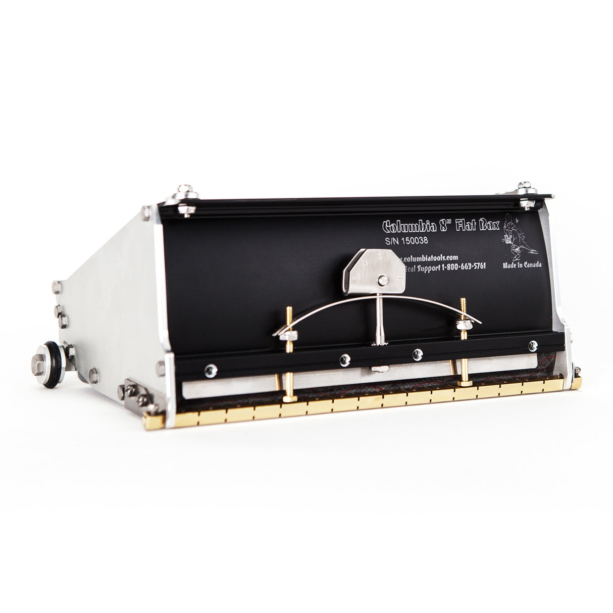 8-inch Columbia Flat Finishing Box made from billet aluminum with a black painted finish, steel components, a brass blade holder, and wheels