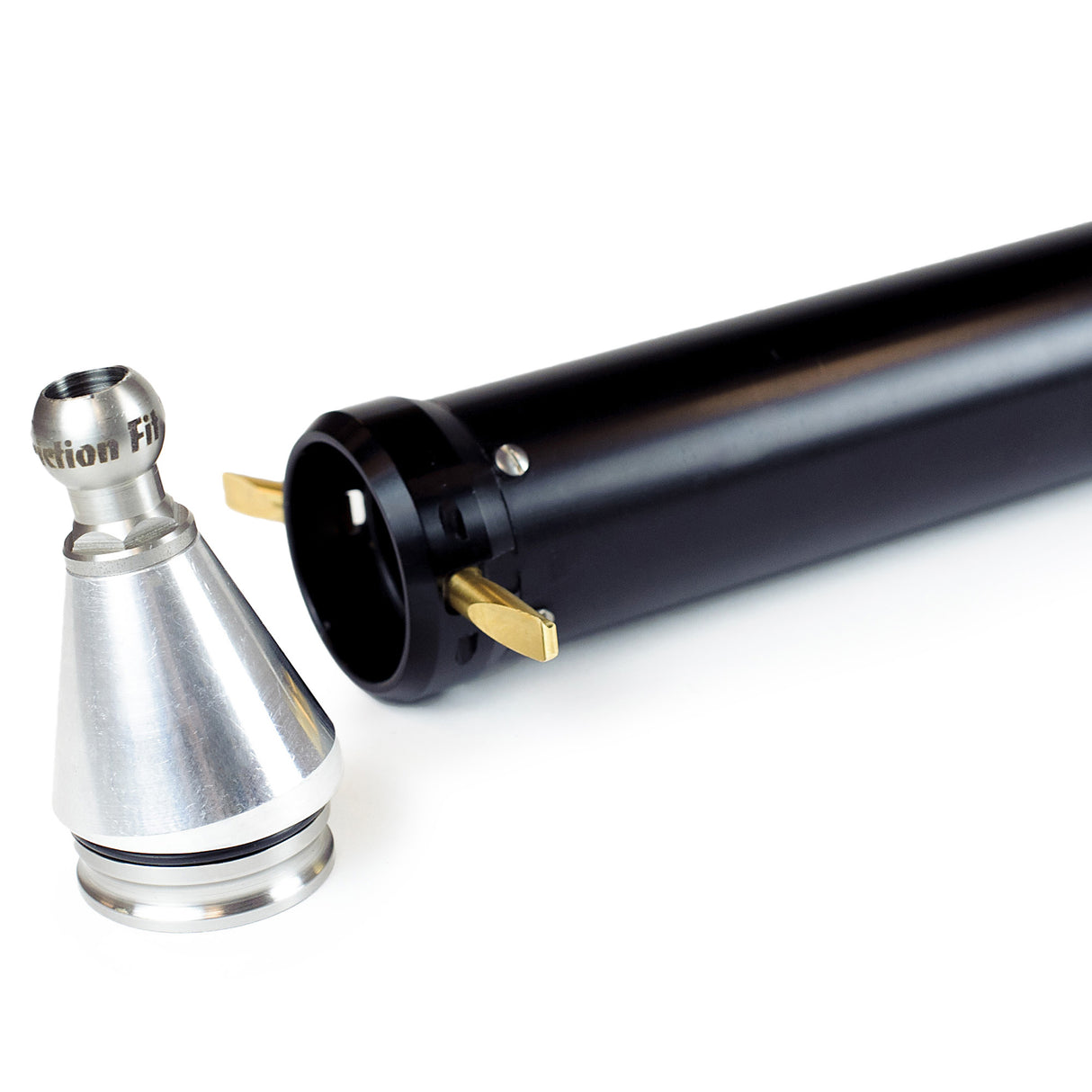 Close-up of the Columbia Cam Lock Tube with a black finish, brass cams, and a gunmetal grey head detached from tube
