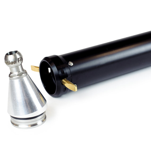 Close-up of the Columbia Cam Lock Tube with a black finish, brass cams, and a gunmetal grey head detached from tube