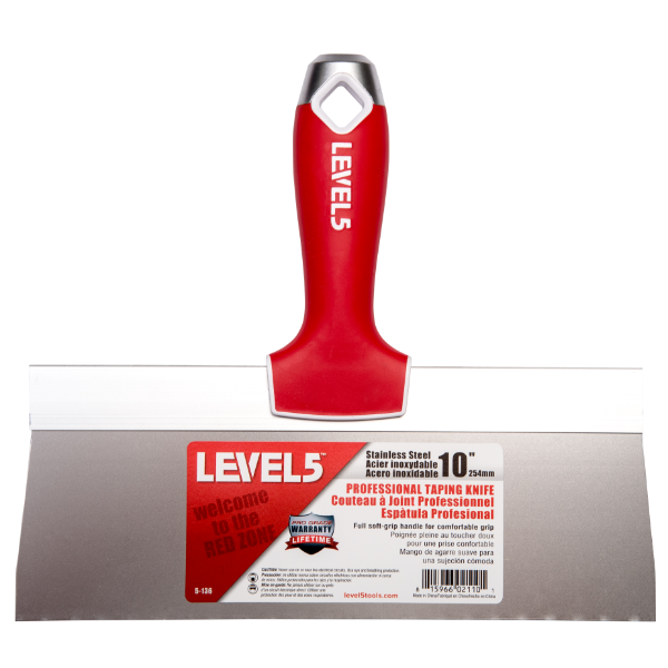 10-inch Level 5 Stainless Steel Taping Knife with steel blade, red soft-grip handle, metal hammer end, and hang hole