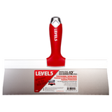 12-inch Level 5 Stainless Steel Taping Knife with steel blade, red soft-grip handle, metal hammer end, and hang hole