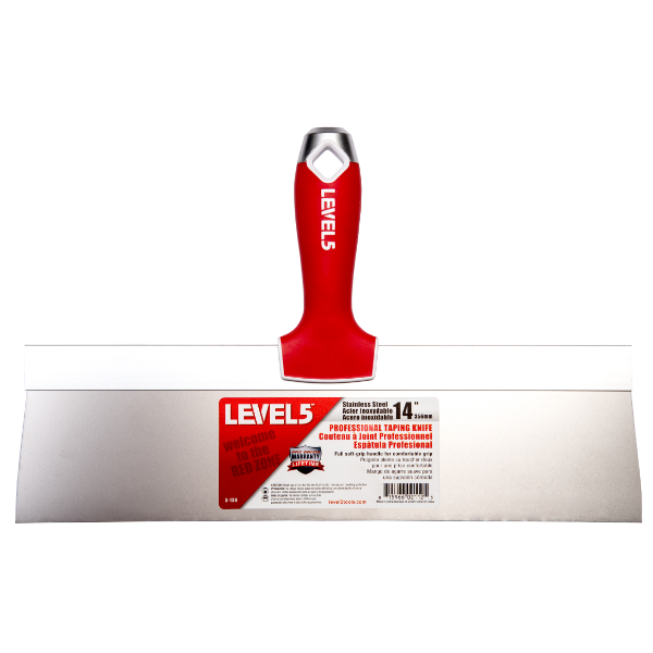 14-inch Level 5 Stainless Steel Taping Knife with steel blade, red soft-grip handle, metal hammer end, and hang hole