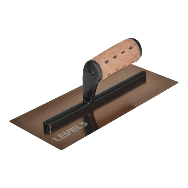 11.5-inch Level 5 Triple Hardened Rigid Flat Golden Trowel with stainless steel blade, black handle mount, and non-slip leather composite grips