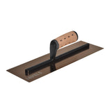 14-inch Level 5 Triple Hardened Rigid Flat Golden Trowel with stainless steel blade, black handle mount, and non-slip leather composite grips
