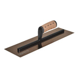 16-inch Level 5 Triple Hardened Rigid Flat Golden Trowel with stainless steel blade, black handle mount, and non-slip leather composite grips