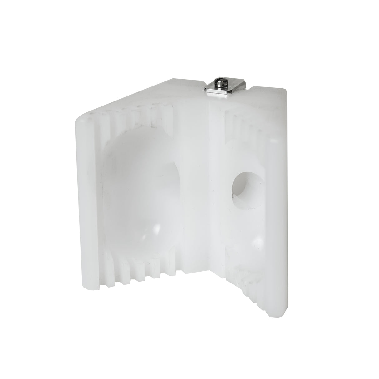 Outside 90-degree Columbia plastic mud head applicator made from white plastic with a quick-release clip