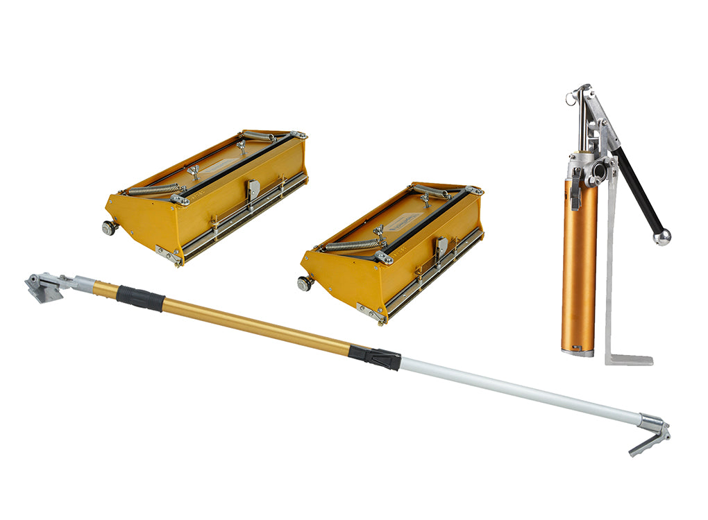 TapeTech automatic taping set including a box handle, mud pump, and 10-inch and 12-inch finishing boxes