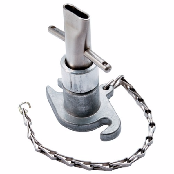 Grey Columbia Tall Boy Box Filler made from billet aluminum with a steel chain attachment, standing upright