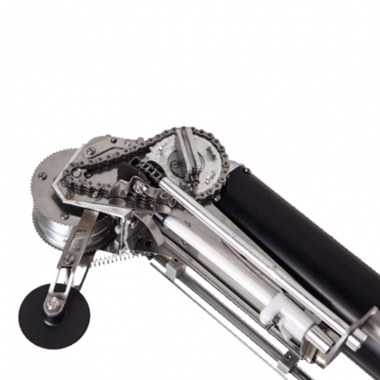 Close-up of Columbia Sawed Off Automatic Taper head with steel cutting blades and extended black creaser wheel